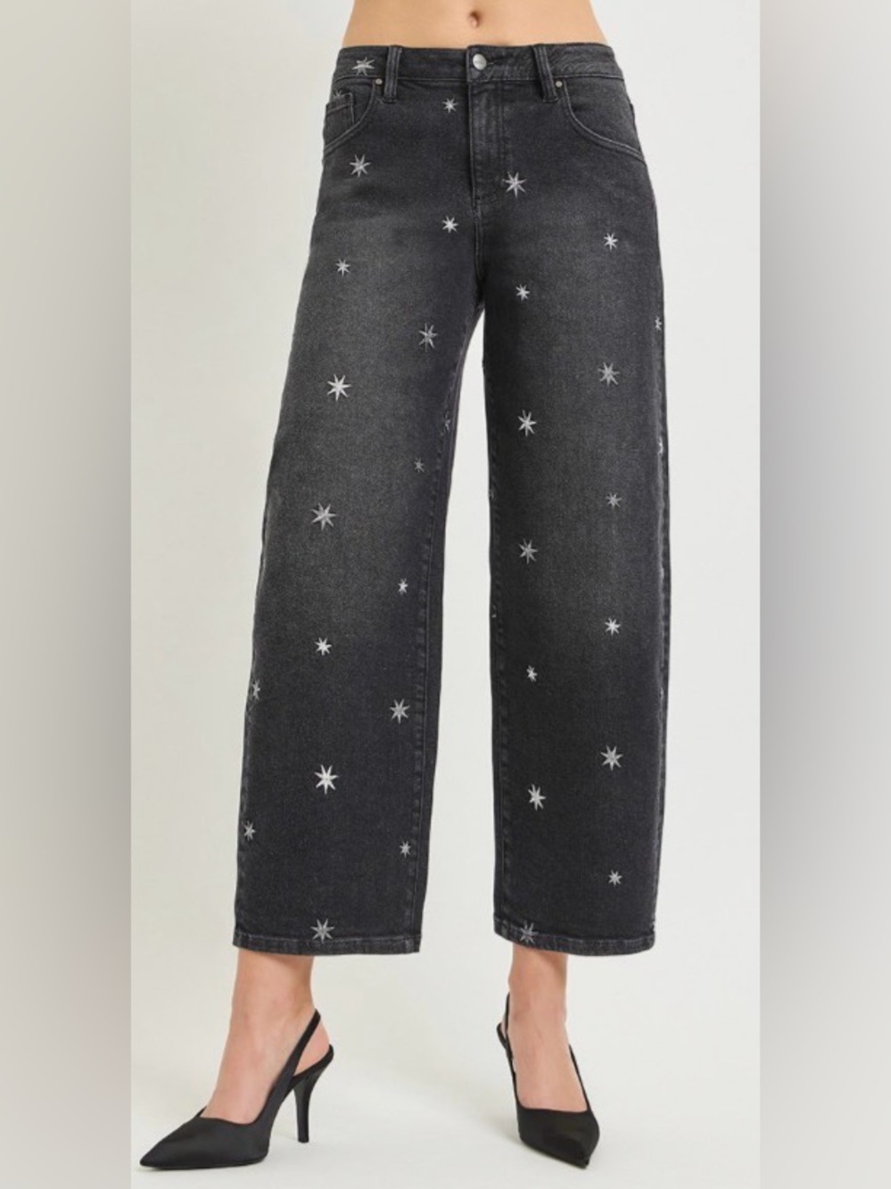 Risen Crop Barrel Leg Embroidered Star Jeans - Picture 2 of 4